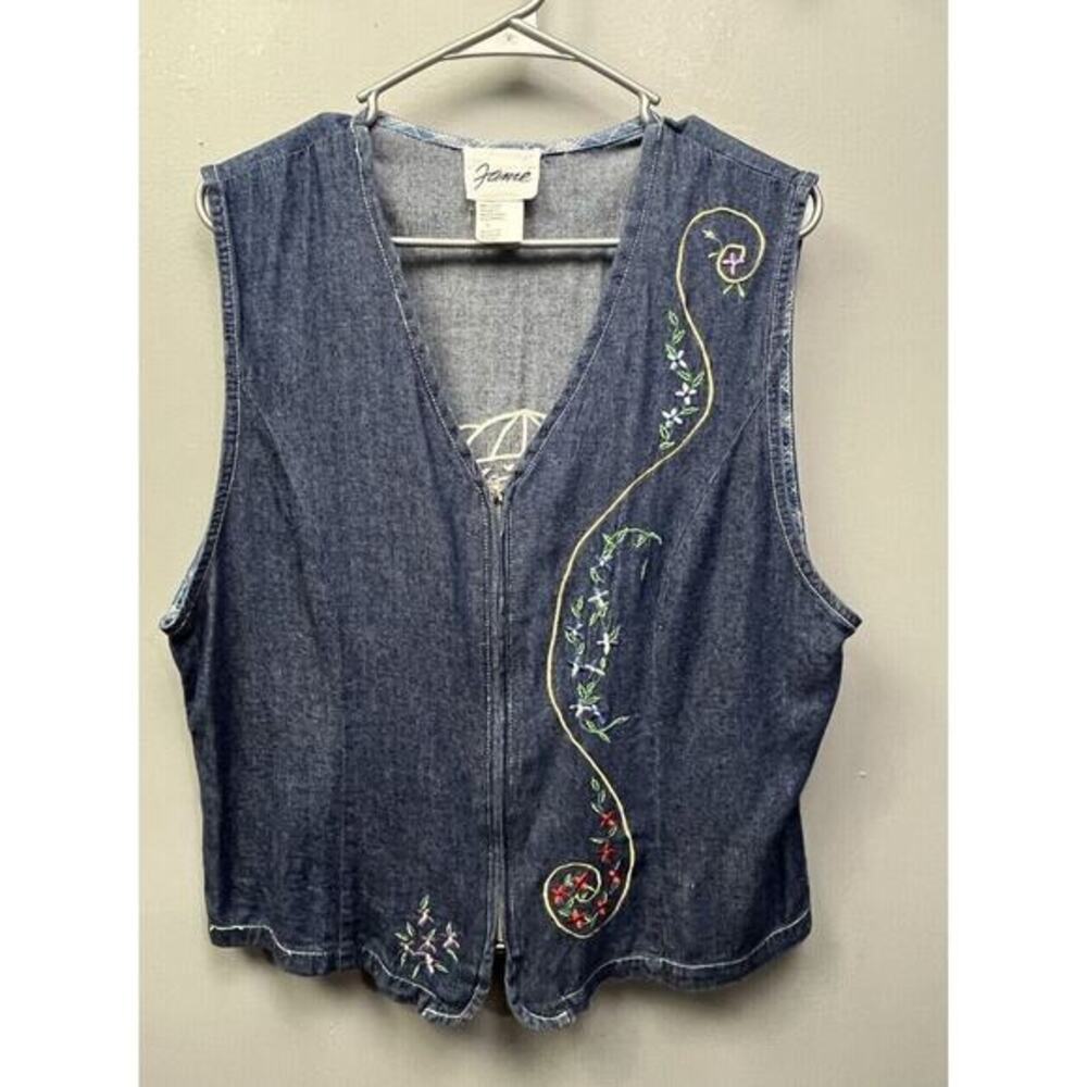 Fame Vintage 80’s Floral‎ Denim Vest Womens Large Embroidered Floral Cottagecore